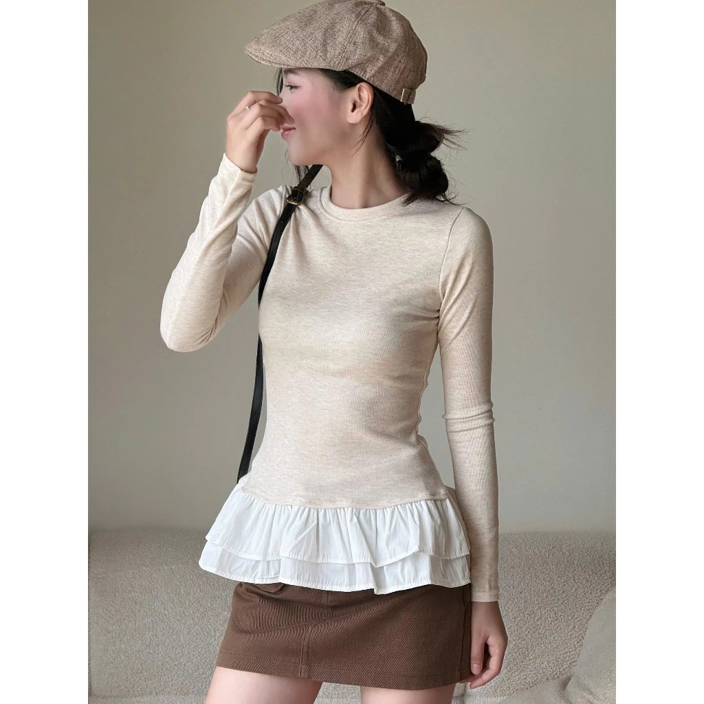 Áo Thun Thu Đông Dài Tay Phối Tùng Xoè Xinh, Áo Thun Dài Tay Form Dáng Vừa Miha Studio
