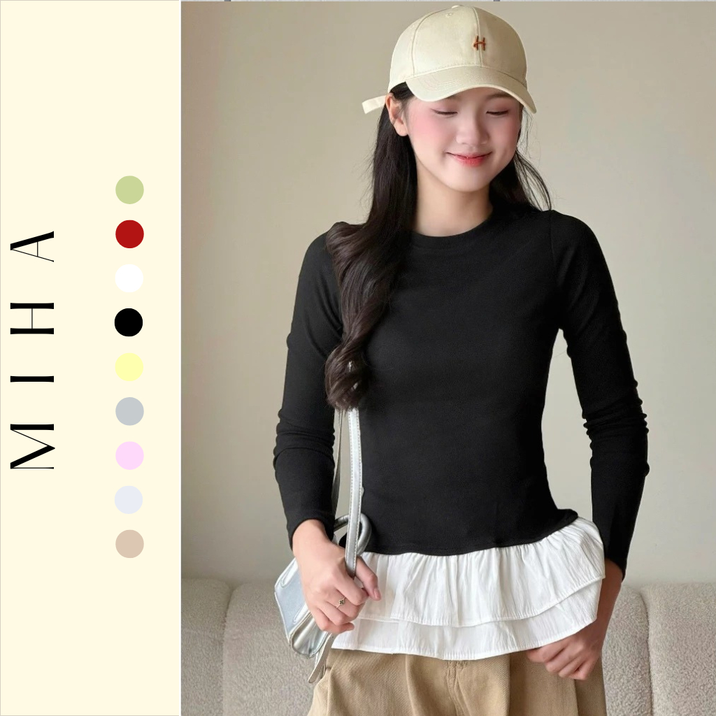 Áo Thun Thu Đông Dài Tay Phối Tùng Xoè Xinh, Áo Thun Dài Tay Form Dáng Vừa Miha Studio