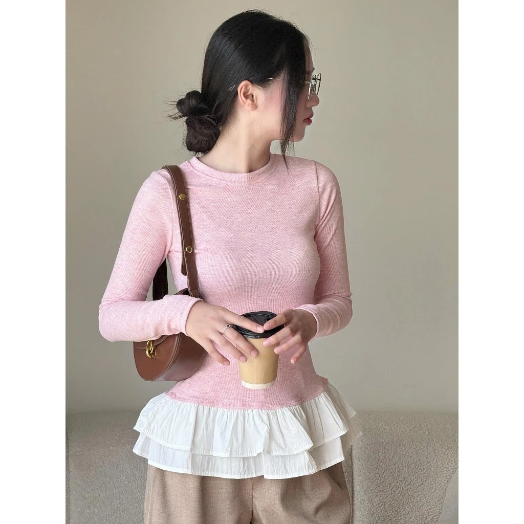 Áo Thun Thu Đông Dài Tay Phối Tùng Xoè Xinh, Áo Thun Dài Tay Form Dáng Vừa Miha Studio