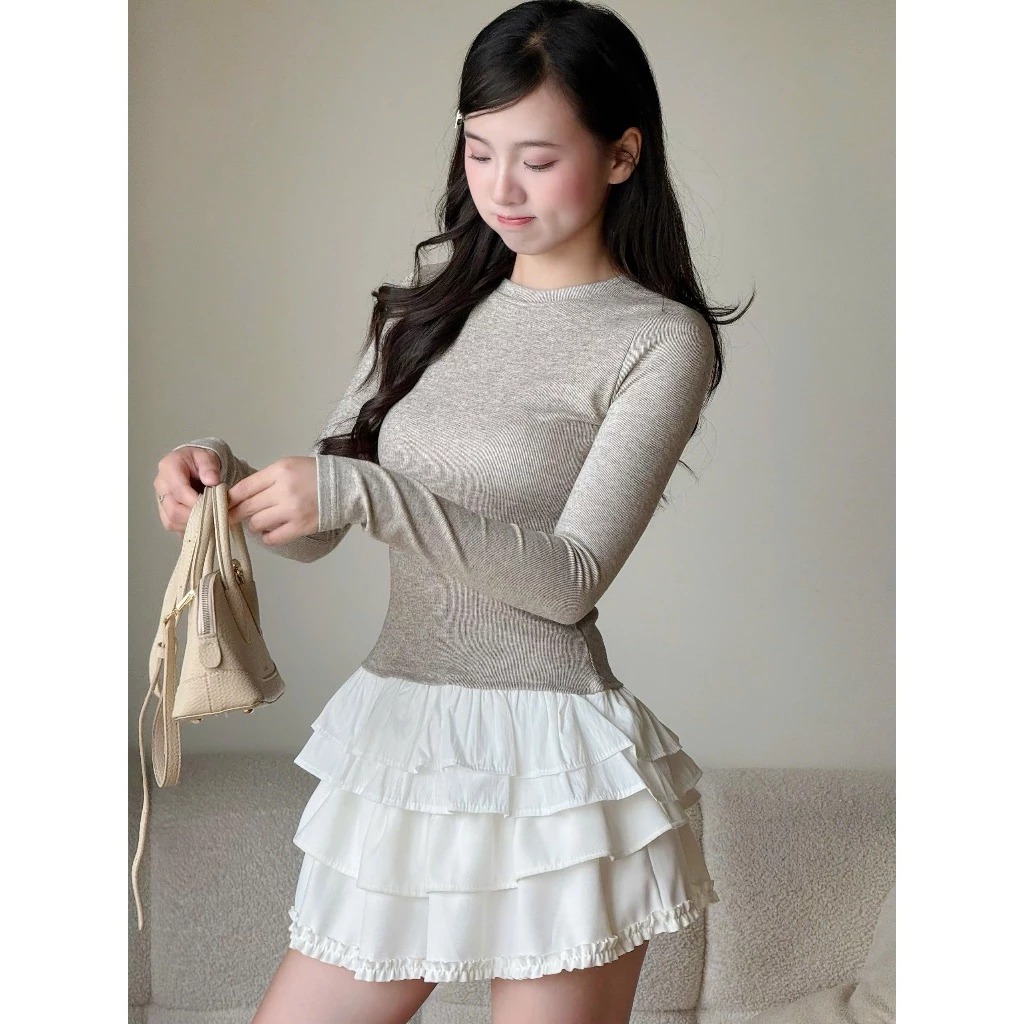 Áo Thun Thu Đông Dài Tay Phối Tùng Xoè Xinh, Áo Thun Dài Tay Form Dáng Vừa Miha Studio