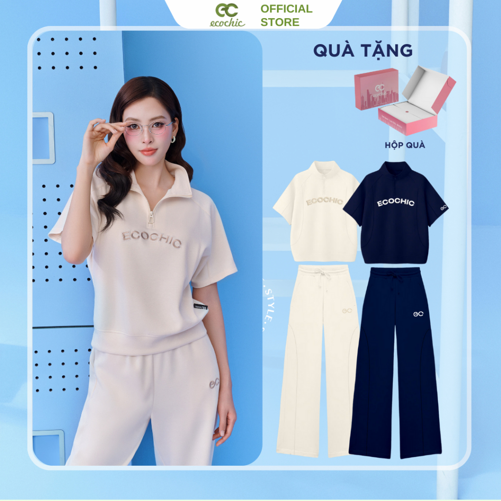Set Bộ ECOCHIC FRERCE WINK SET Áo Tay Lỡ Cổ Cao Halfzip Quần Dài Cạp Cao Chất Liệu Cao Cấp Chính Hãng B142