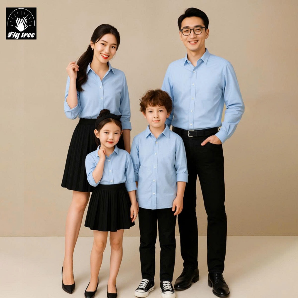 Combo Áo Sơ Mi Gia Đình Fig Tree Màu Xanh Nhạt Đi Tiệc, Chụp Hình, Phong Cách Hiện Đại. Size 8-110kg