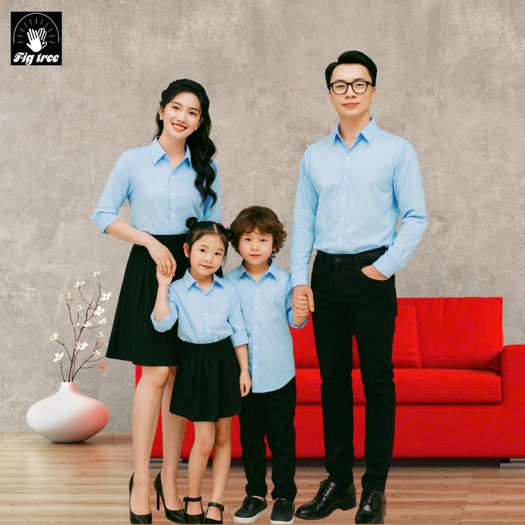 Combo Áo Sơ Mi Gia Đình Fig Tree Màu Xanh Nhạt Đi Tiệc, Chụp Hình, Phong Cách Hiện Đại. Size 8-110kg