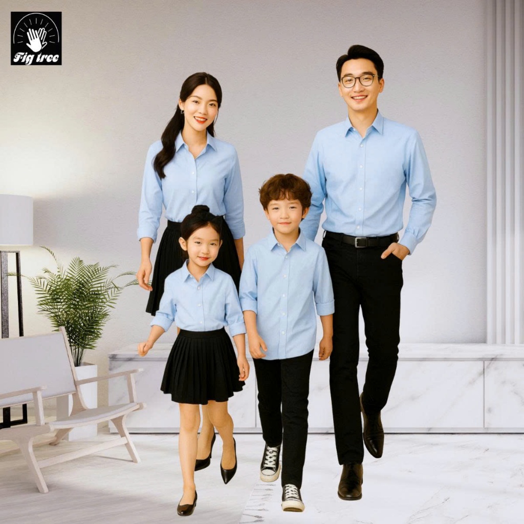 Combo Áo Sơ Mi Gia Đình Fig Tree Màu Xanh Nhạt Đi Tiệc, Chụp Hình, Phong Cách Hiện Đại. Size 8-110kg