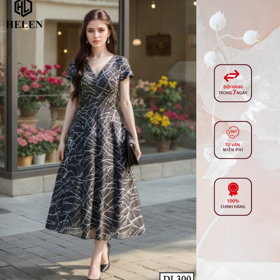 Đầm công sở HELEN thiết kế dáng xòe cổ V đen họa tiết trắng DL300
