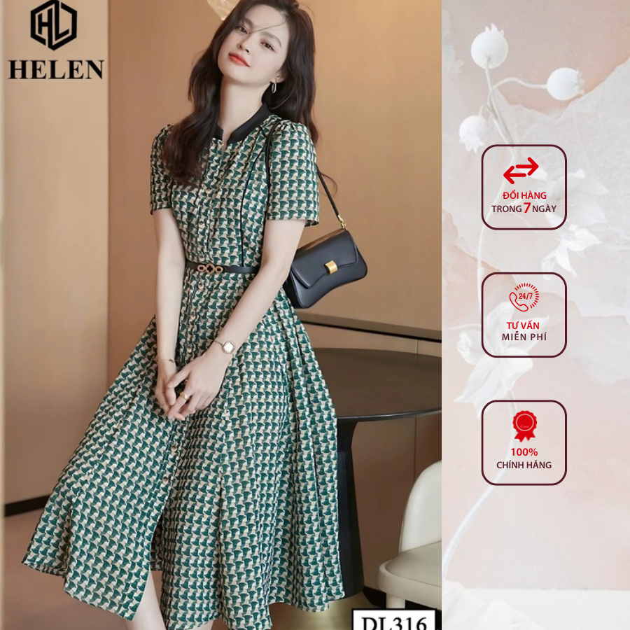 Đầm công sở HELEN thiết kế dáng xòe họa tiết xanh cổ tàu DL316