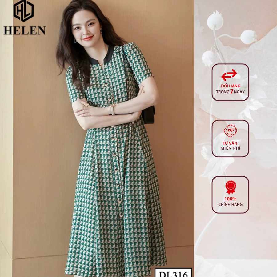 Đầm công sở HELEN thiết kế dáng xòe họa tiết xanh cổ tàu DL316