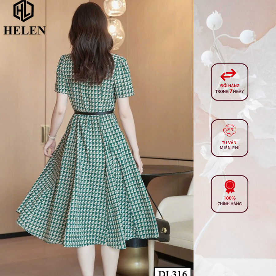 Đầm công sở HELEN thiết kế dáng xòe họa tiết xanh cổ tàu DL316