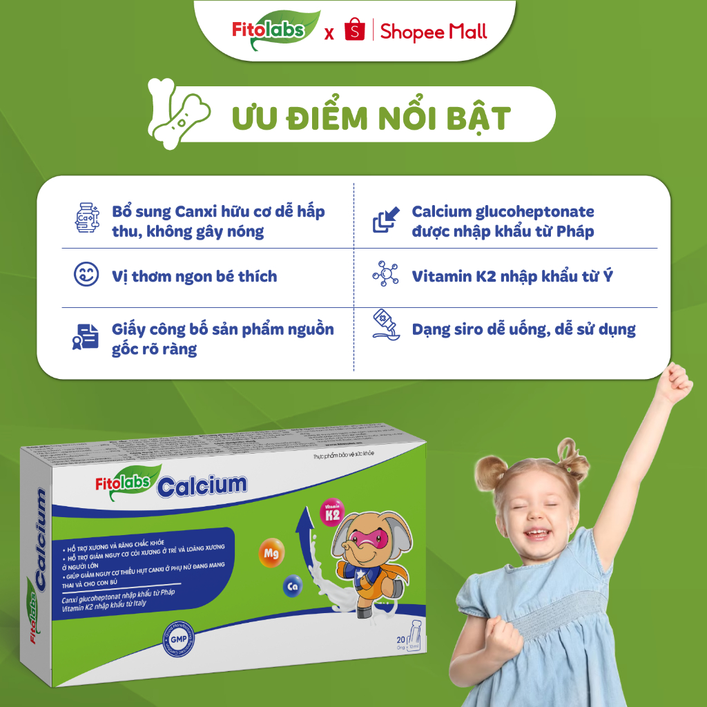 [CHÍNH HÃNG] FITOLABS Calcium Giúp Xương Răng Chắc Khoẻ,Phát Triển Chiều Cao Bé Từ 1 Tuổi 20 Ống