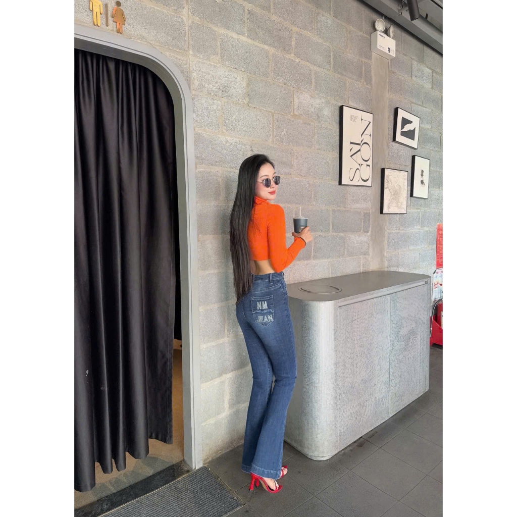 Quần Jeans Nữ, quần Bò Nữ Ống Loe Dài Lưng Cao Thêu Túi Co Giãn 4 Chiều