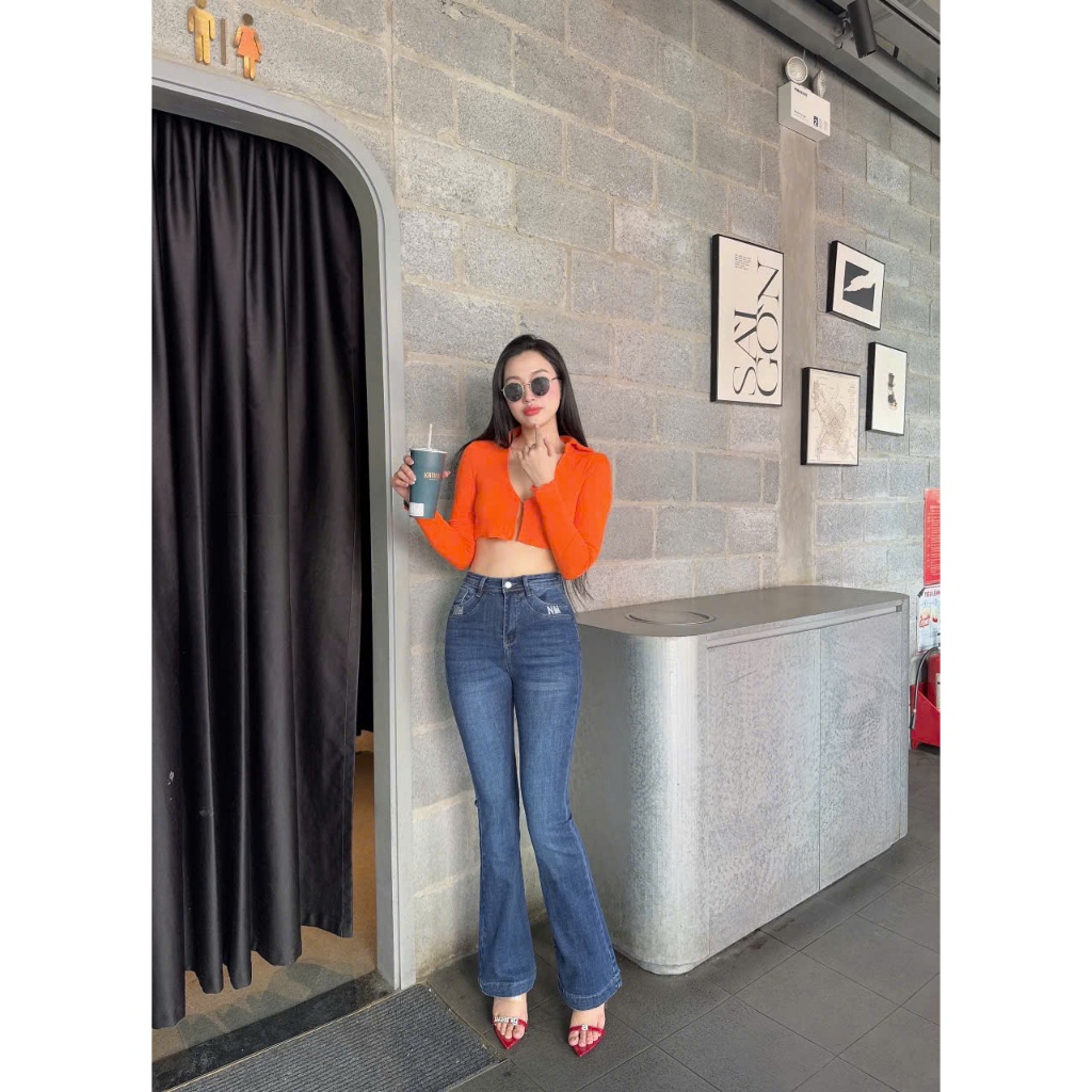 Quần Jeans Nữ, quần Bò Nữ Ống Loe Dài Lưng Cao Thêu Túi Co Giãn 4 Chiều