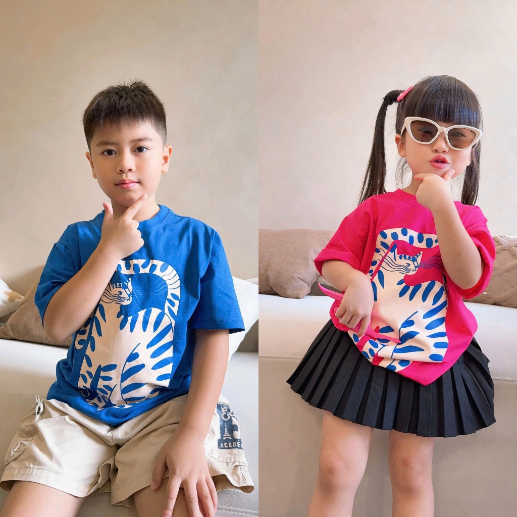 Áo Thun Trẻ Em Mirage Họa Tiết Mèo Đốm Xanh 3D Hoạt Hình Dễ Thương Chất 100% Cotton Cao Cấp.