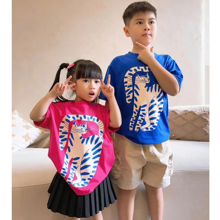 Áo Thun Trẻ Em Mirage Họa Tiết Mèo Đốm Xanh 3D Hoạt Hình Dễ Thương Chất 100% Cotton Cao Cấp.