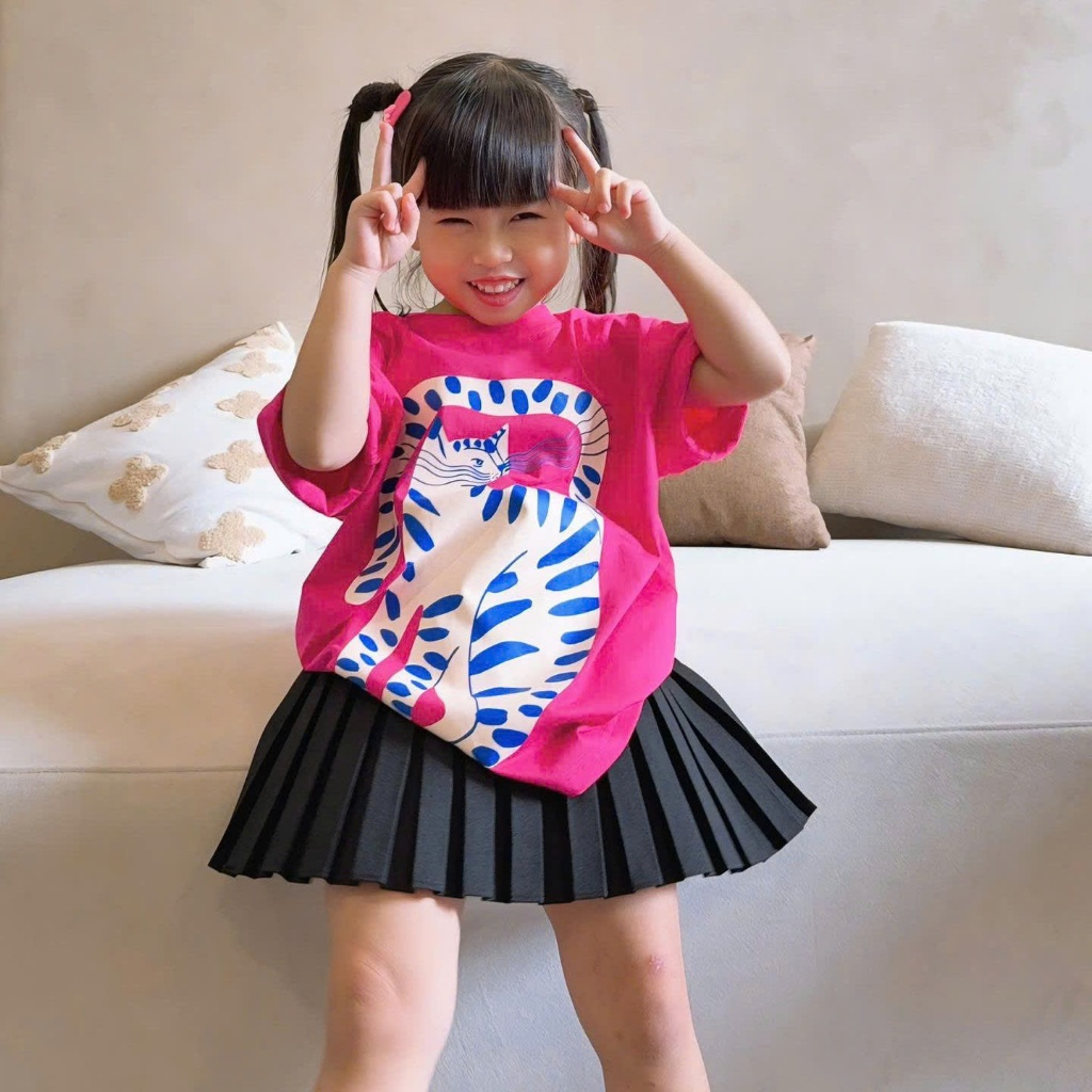 Áo Thun Trẻ Em Mirage Họa Tiết Mèo Đốm Xanh 3D Hoạt Hình Dễ Thương Chất 100% Cotton Cao Cấp.