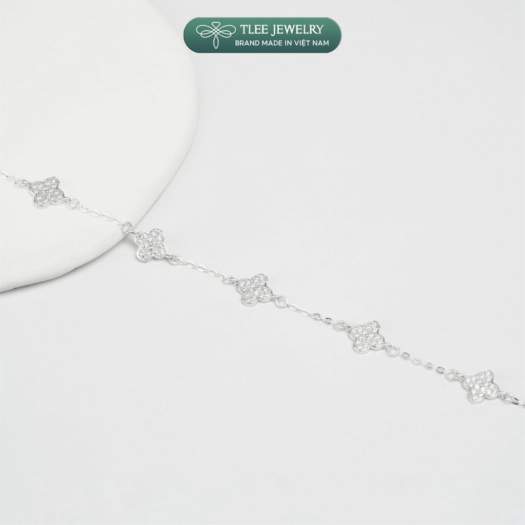 Lắc tay bạc nữ TLEE năm charm hoa cỏ bốn lá đơn sắc sang trọng đá 8mm TLEE JEWELRY LT0475 | BigBuy360 - bigbuy360.vn