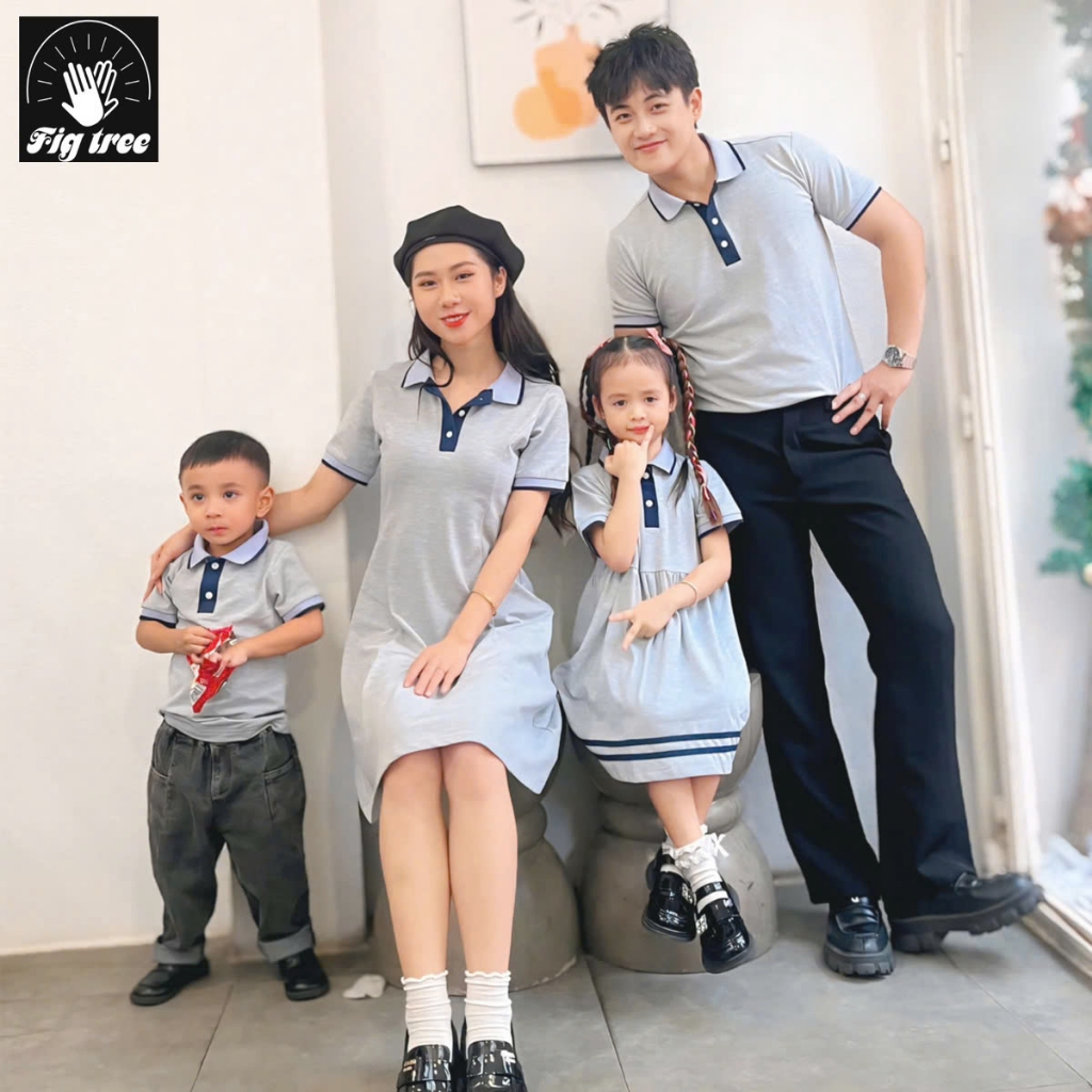 Áo Gia Đình Fig Tree Thun Polo Màu Xám Ghi Phối Viền Model, Áo Nam Váy Nữ, Vải Cá Sấu Dày Dặn