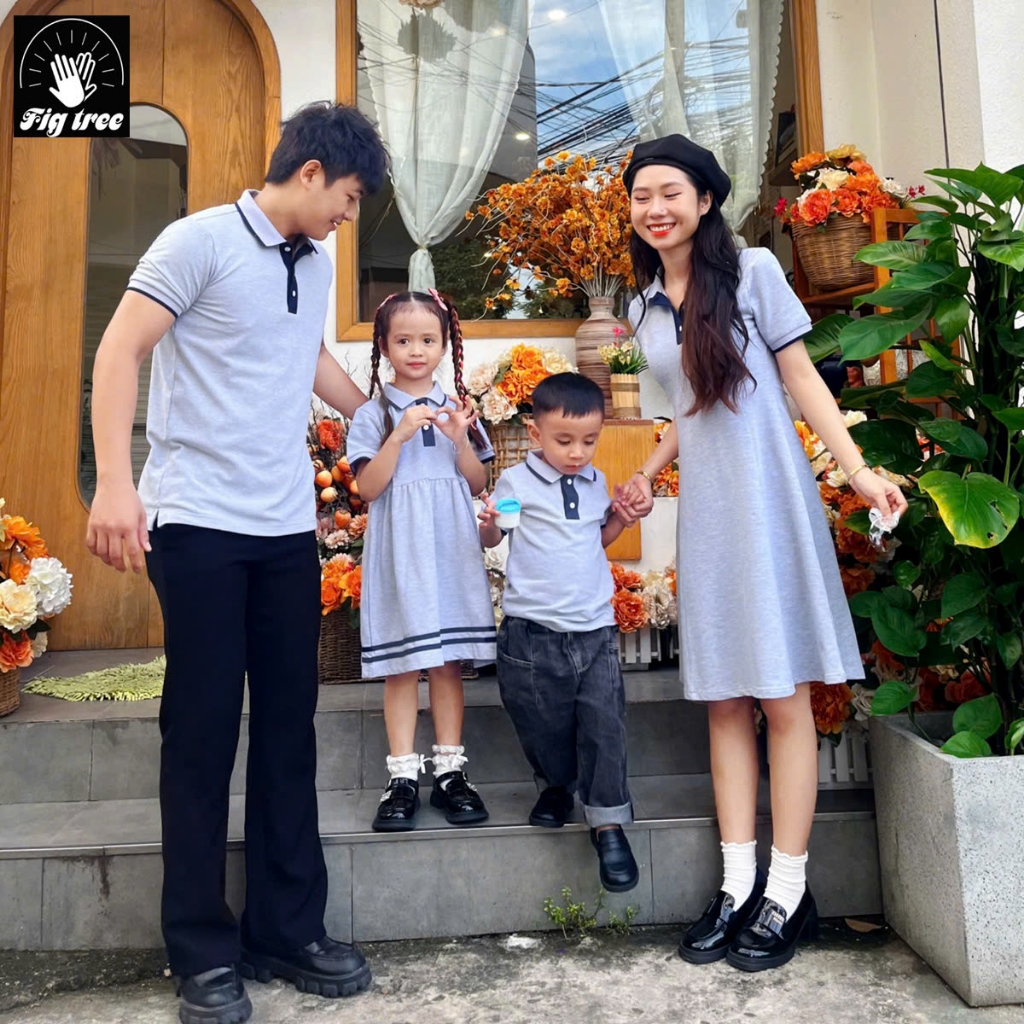 Áo Gia Đình Fig Tree Thun Polo Màu Xám Ghi Phối Viền Model, Áo Nam Váy Nữ, Vải Cá Sấu Dày Dặn