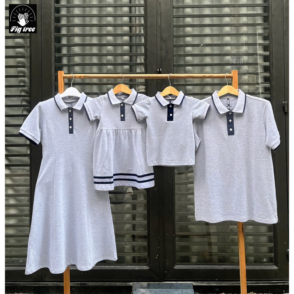 Áo Gia Đình Fig Tree Thun Polo Màu Xám Ghi Phối Viền Model, Áo Nam Váy Nữ, Vải Cá Sấu Dày Dặn