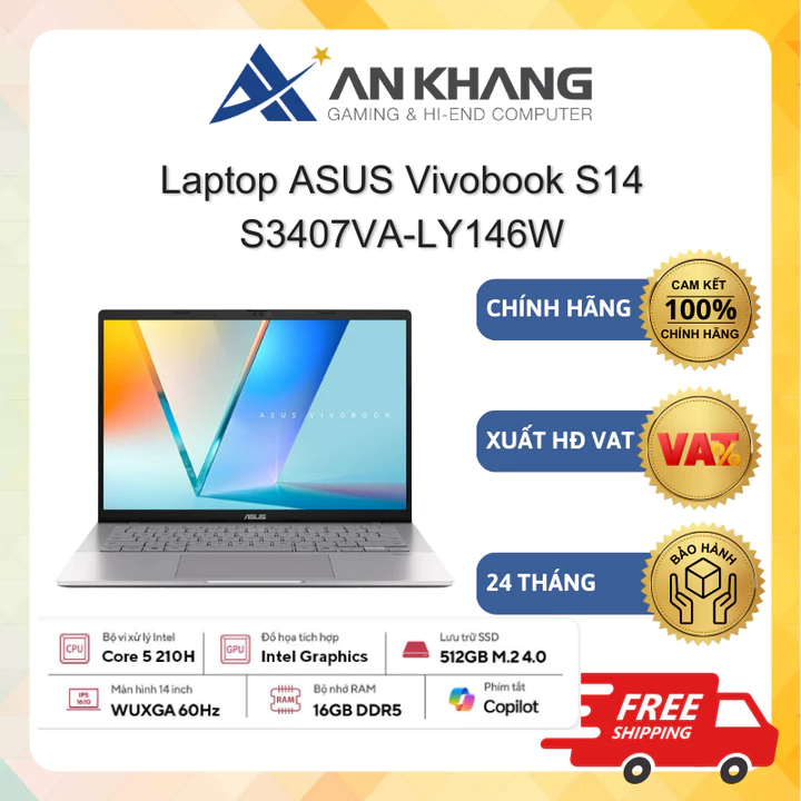 Laptop ASUS Vivobook S14 S3407VA-LY146W (Core 5 210H, 16GB, 512GB SSD, 14" WUXGA, Win 11, Bạc) Chính hãng Bảo hành 24 Th