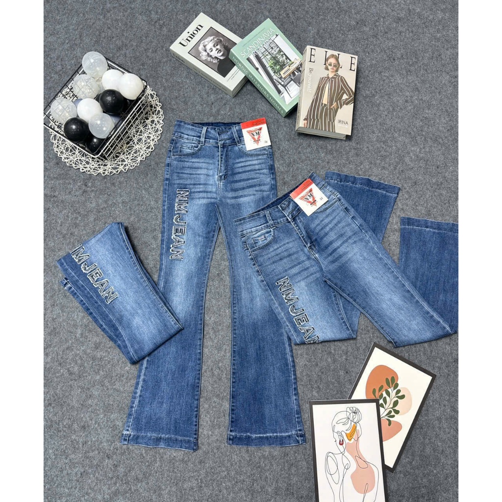 Quần Jeans Nữ, Quần Bò Nữ Ống Loe Dài Lưng Cao Thêu Đắp Chữ Đính Đá Vải Jeans Mềm Mịn Co Giãn 4 Chiều