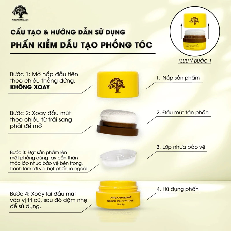 Phấn kiềm dầu tóc Arganmidas tạo phồng tóc, Phấn gội đầu khô mini giảm bết tóc cho tóc bết, dầu, bông tơi tức thì - 4g | BigBuy360 - bigbuy360.vn
