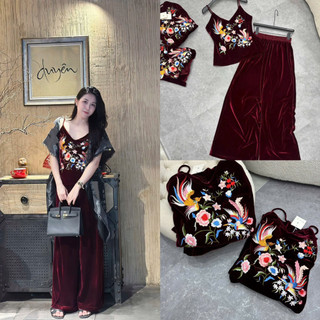 Sét áo hai dây nhung the quai mảnh thêu hoa và chim + quần nhung dáng xuông