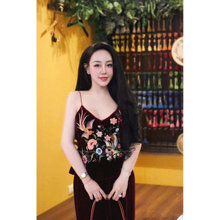 Sét áo hai dây nhung the quai mảnh thêu hoa và chim + quần nhung dáng xuông
