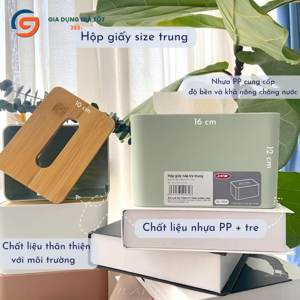 Hộp đựng khăn giấy Song Long nắp tre chữ nhật, hộp giấy ăn bàn làm việc, phòng khách, decor hiện đại