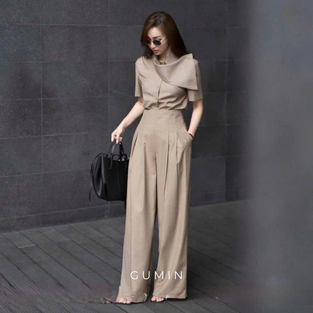 Set bộ đồ nữ GUMIN thiết kế áo phối cổ lệch tay ngắn kèm quần dài ống suông sang trọng cao cấp