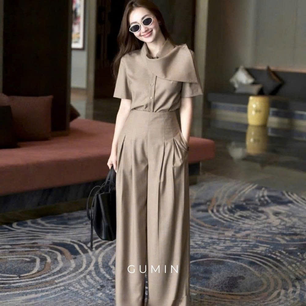 Set bộ đồ nữ GUMIN thiết kế áo phối cổ lệch tay ngắn kèm quần dài ống suông sang trọng cao cấp
