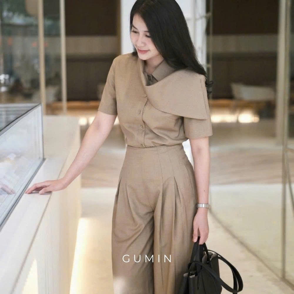 Set bộ đồ nữ GUMIN thiết kế áo phối cổ lệch tay ngắn kèm quần dài ống suông sang trọng cao cấp