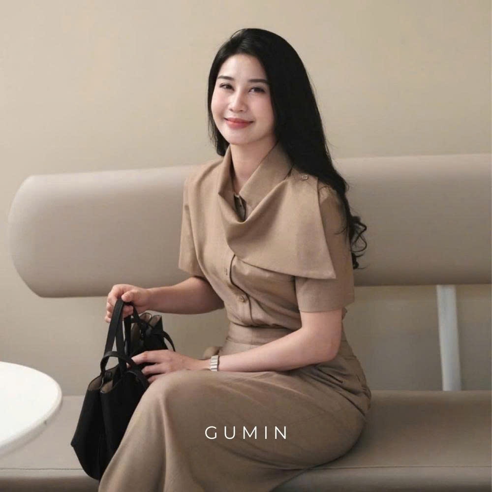 Set bộ đồ nữ GUMIN thiết kế áo phối cổ lệch tay ngắn kèm quần dài ống suông sang trọng cao cấp