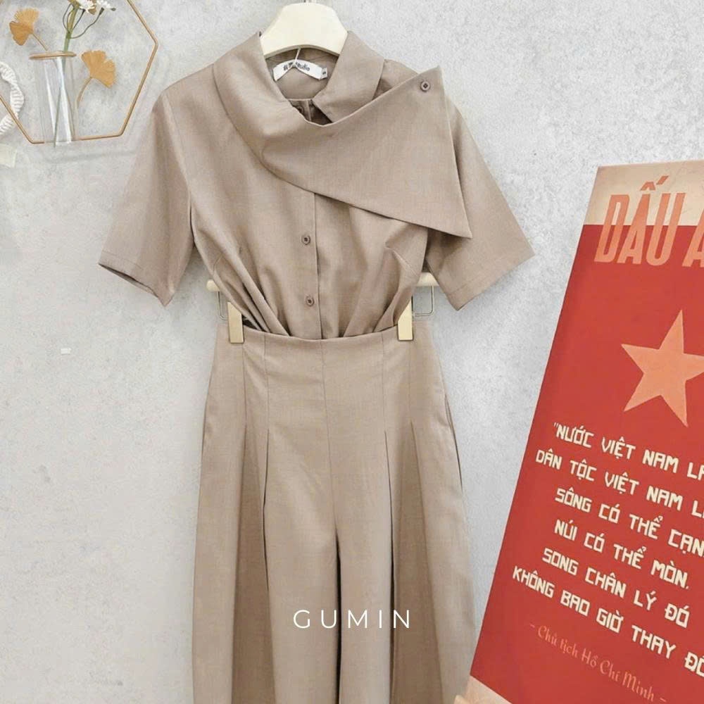 Set bộ đồ nữ GUMIN thiết kế áo phối cổ lệch tay ngắn kèm quần dài ống suông sang trọng cao cấp