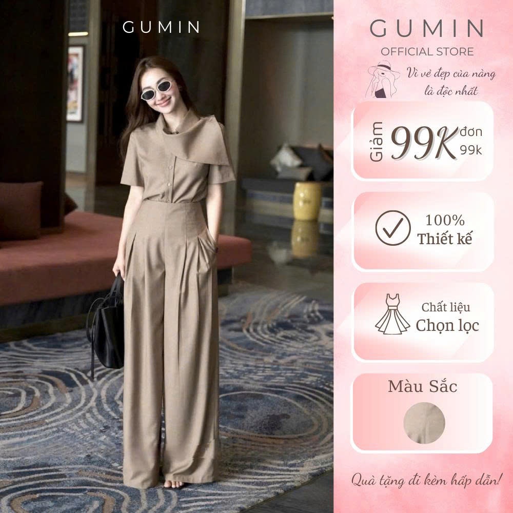 Set bộ đồ nữ GUMIN thiết kế áo phối cổ lệch tay ngắn kèm quần dài ống suông sang trọng cao cấp