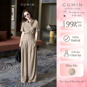 Set bộ đồ nữ GUMIN thiết kế áo phối cổ lệch tay ngắn kèm quần dài ống suông sang trọng cao cấp