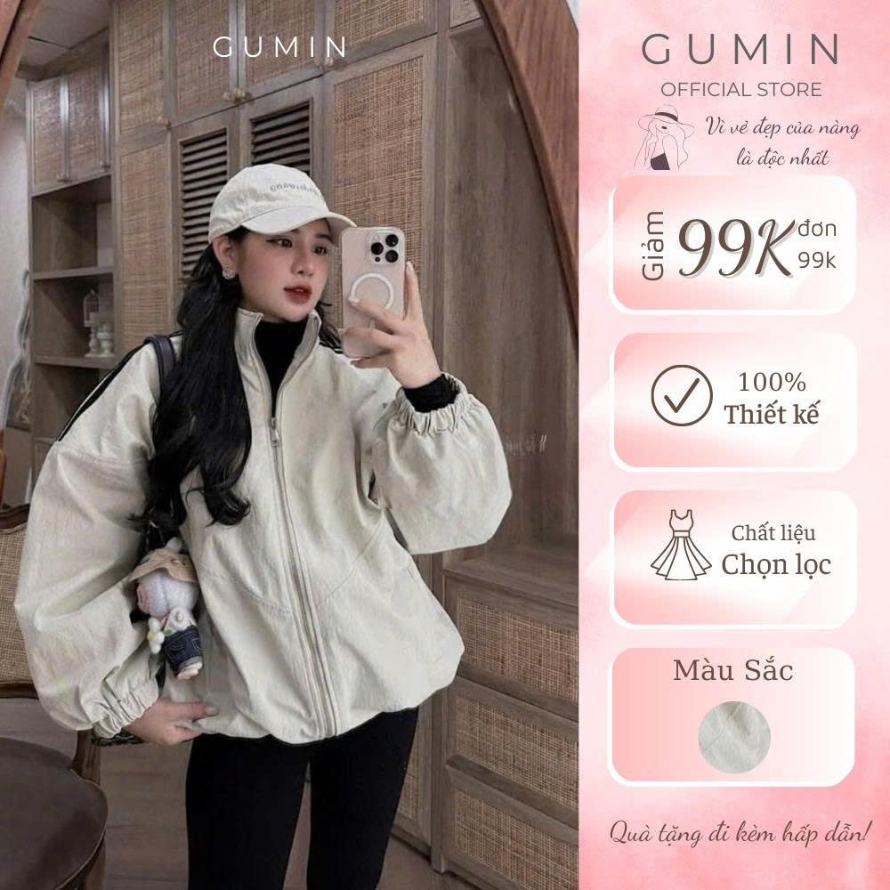 Áo khoác gió nữ GUMIN thiết kế dáng rộng tay phồng phối sọc viền đen, áo khoác nữ cá tính sang trọng