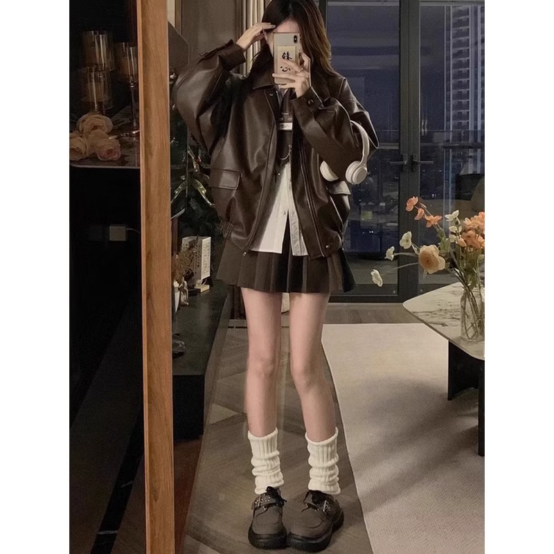 [HÀNG LOẠI 1/ SẴN] ÁO KHOÁC DA BIKER FORM RỘNG QC 2 LỚP TÚI LẮP SIÊU XINH áo bomber da bo gấu phong cách retro