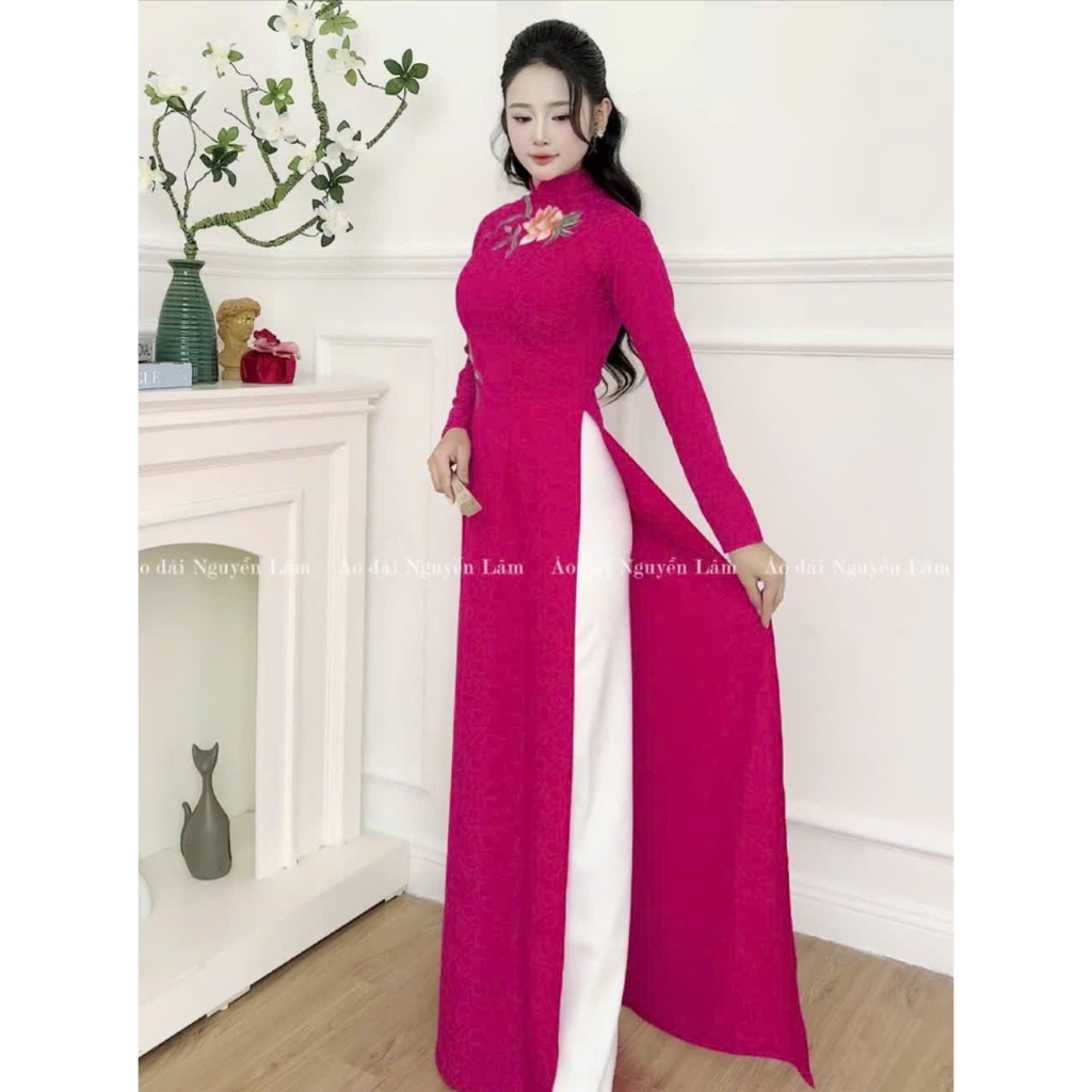 Áo dài La Sen lụa gấm thêu hoa sen, cổ cao tay dài tà A thướt tha co giãn nhẹ thấm hút, Áo dài thêu hoa sang trọng