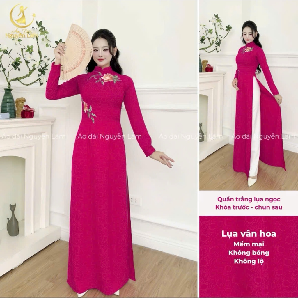 Áo dài La Sen lụa gấm thêu hoa sen, cổ cao tay dài tà A thướt tha co giãn nhẹ thấm hút, Áo dài thêu hoa sang trọng