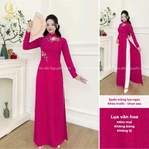 Áo dài La Sen lụa gấm thêu hoa sen, cổ cao tay dài tà A thướt tha co giãn nhẹ thấm hút, Áo dài thêu hoa sang trọng