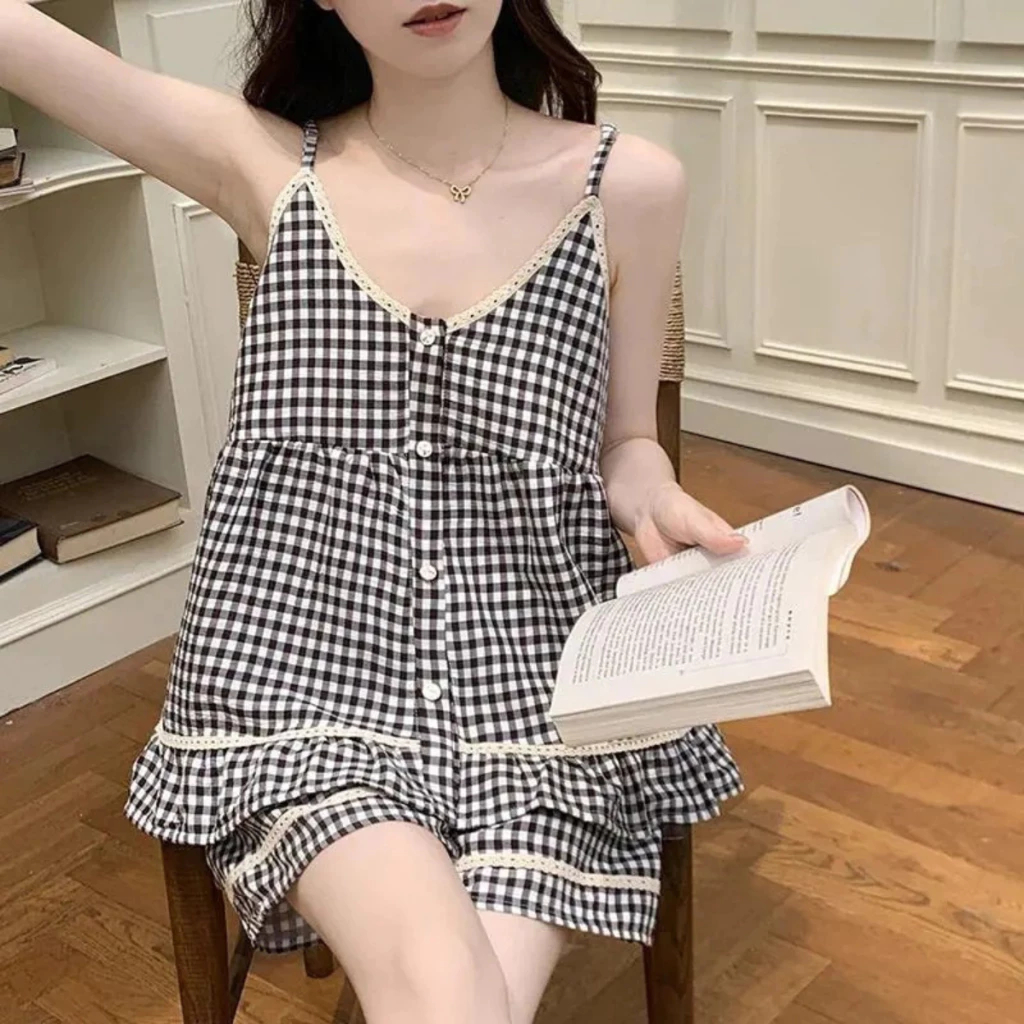 Bộ Đồ Ngủ Mặc Nhà Mùa Hè 2 Dây Viền Ren Form Rộng Có Cả Bigsize Thoáng Mát - PONA