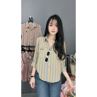 Áo sơ mi nữ tay dài một túi thêu chữ miumiu, dáng tiểu thư, cổ sơmi