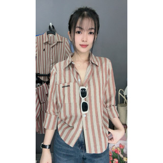 Áo sơ mi nữ tay dài một túi thêu chữ miumiu, dáng tiểu thư, cổ sơmi