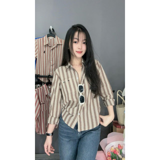 Áo sơ mi nữ tay dài một túi thêu chữ miumiu, dáng tiểu thư, cổ sơmi