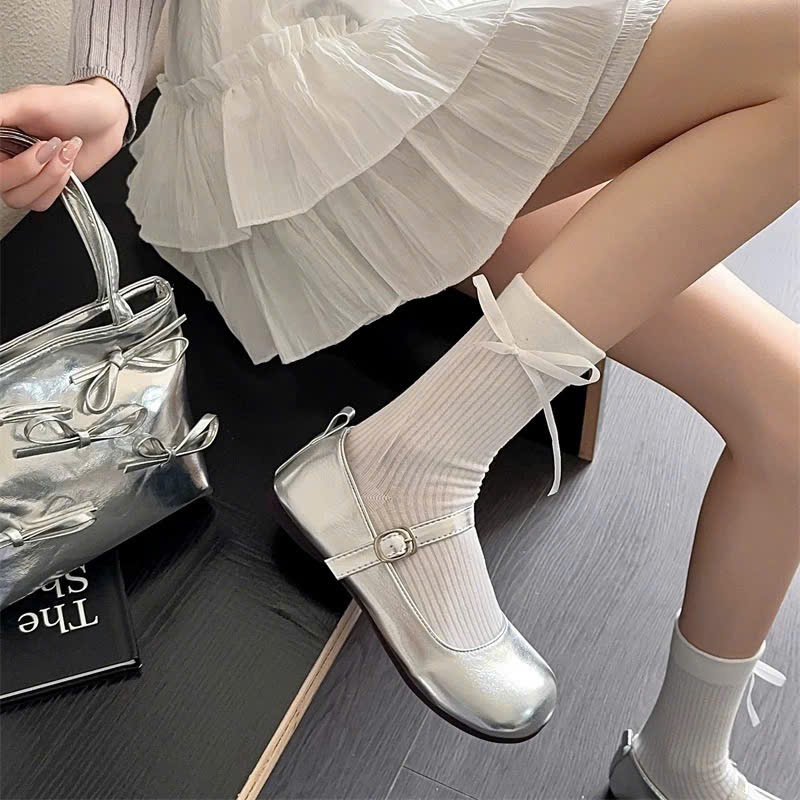 Tất nữ buộc nơ cổ cao phong cách Hàn Quốc Dandal Vớ gân co giãn dễ thương phối váy giày búp bê sneaker hottrend