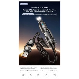 Cáp sạc lò xo đa năng 2in2 Remax CB12 Công suất 240W dài 1.5M (Đen) - Hàng Chính Hãng
