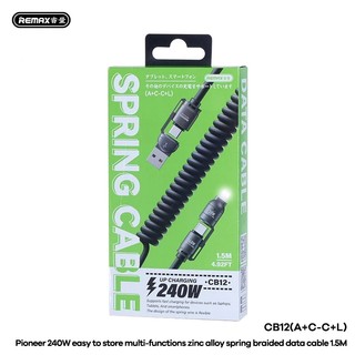 Cáp sạc lò xo đa năng 2in2 Remax CB12 Công suất 240W dài 1.5M (Đen) - Hàng Chính Hãng
