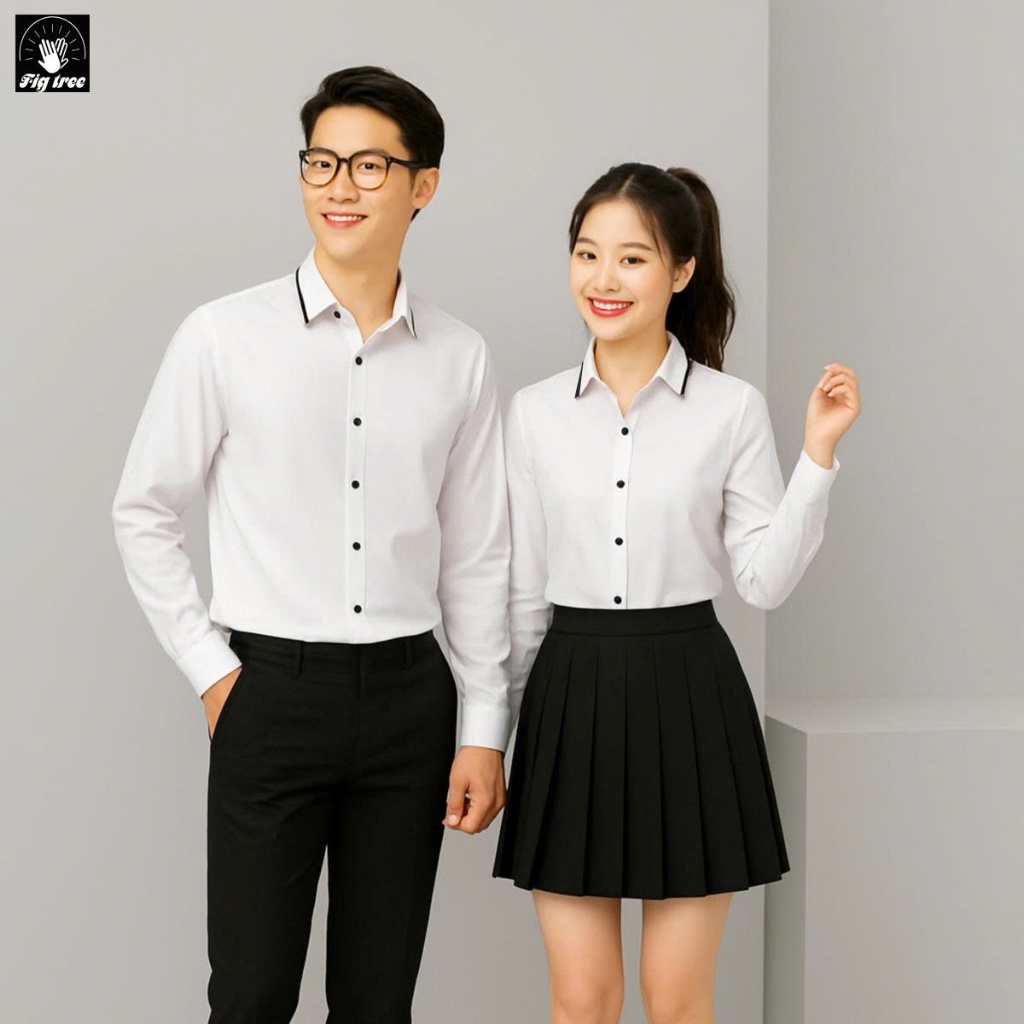 Set Áo Sơ Mi Đôi Fig Tree Màu Trắng Viền Cổ Đen Trendy ( hàng thiết kế full size 40-110kg)