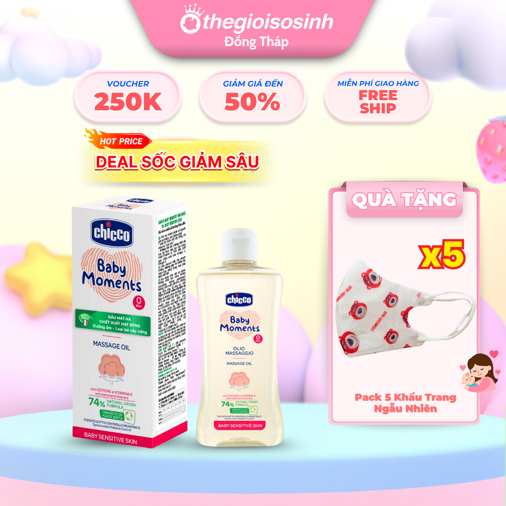 Dầu Massage Chiết Xuất Hạt Bông Cho Bé Chicco 200ml – Dưỡng Da Mềm Mại, An Toàn Từ Thiên Nhiên SSVL