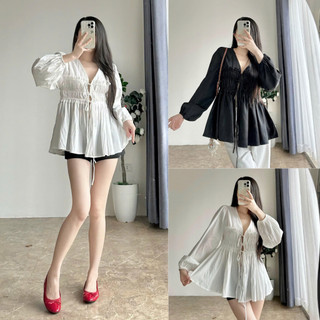 Áo Babydoll Nữ Cổ V Tay Bồng Bo Chun  Eo Nhún Điệu Đà 247store Áo Đi Làm Back To School Aobabydoll02